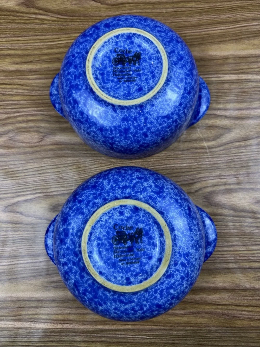 2 Vintage Coche Blue Spongeware Speckled Bowls Handled Stoneware 6.5” Portugal